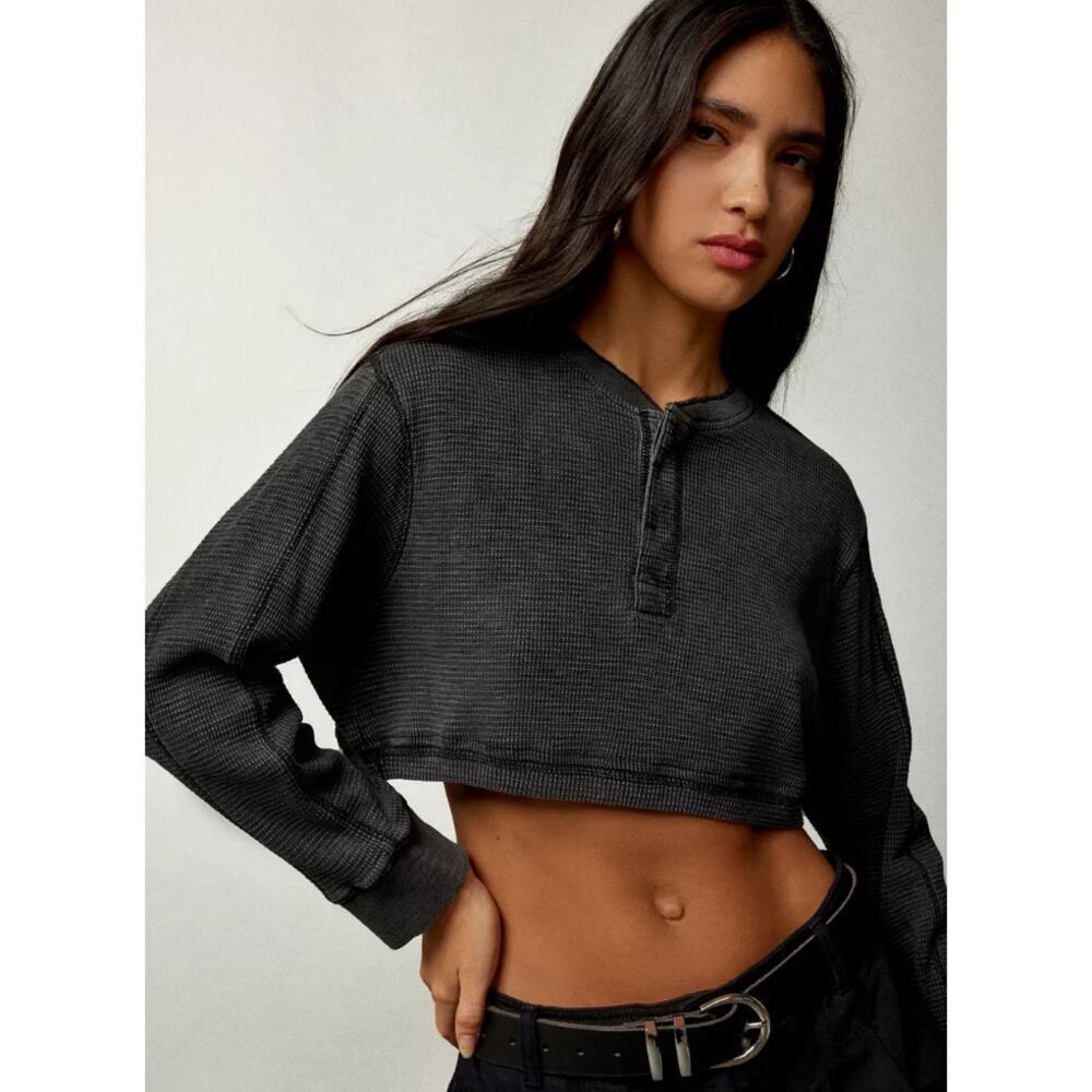 BDG Womens XS Vintage Henley Waffle Crop Sweatshirt Cotton Black Long Sleeves